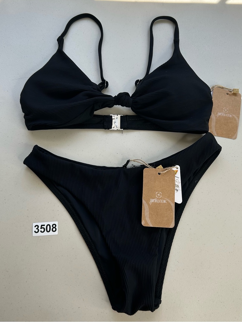 Berlook Bikini Set XS Black Ribbed Knot Top